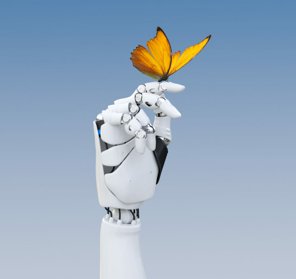Robot hand holding a butterfly