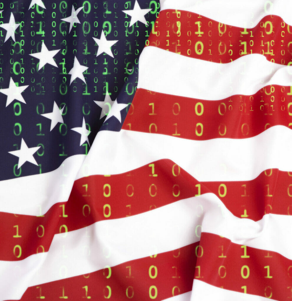 Data protection, binary code with US flag