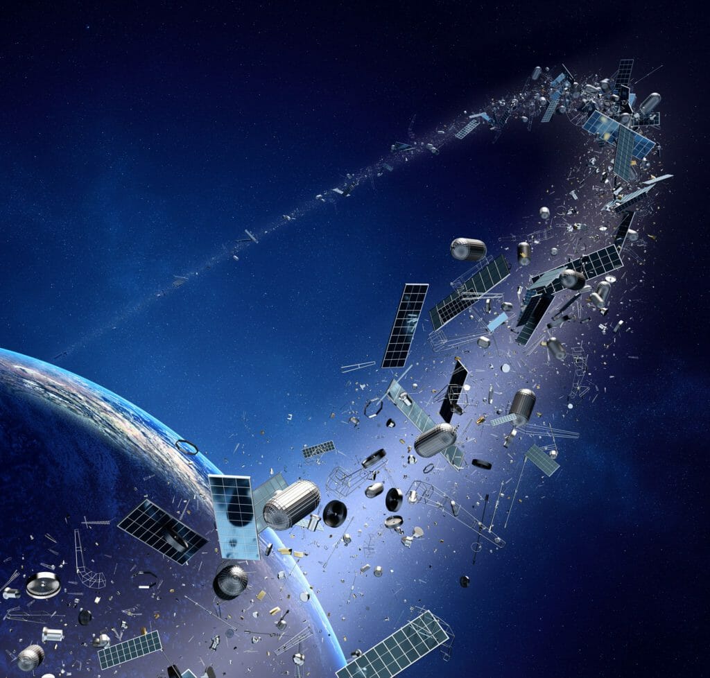 Space junk orbiting around earth - Conceptual of pollution around our planet (Texture map for 3d furnished by NASA -  http://visibleearth.nasa.gov/)